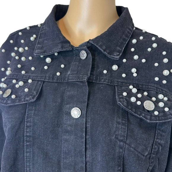 Womens Wash Denim Jackets Large Black White Mid Length Decorated With Pearls - Picture 9 of 16